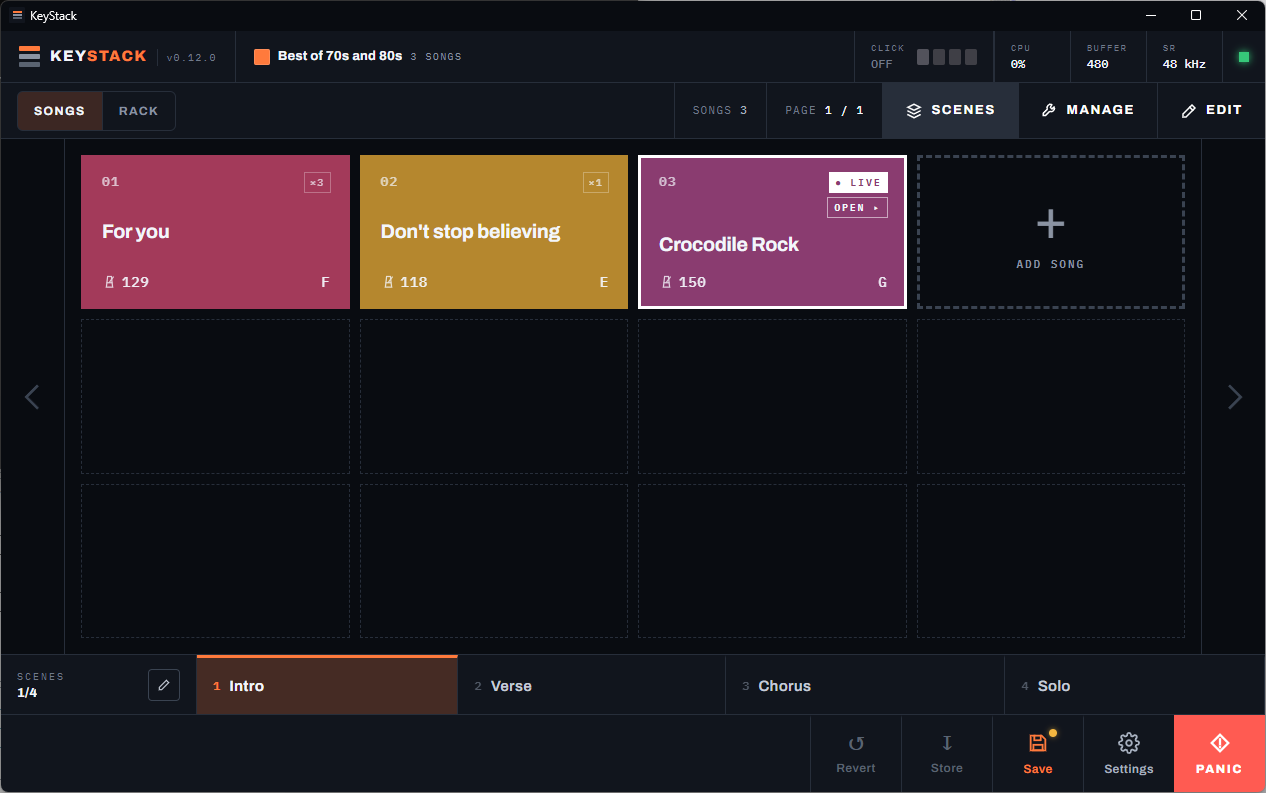 KeyStack setlist view with colored song tiles and a scene switcher at the bottom