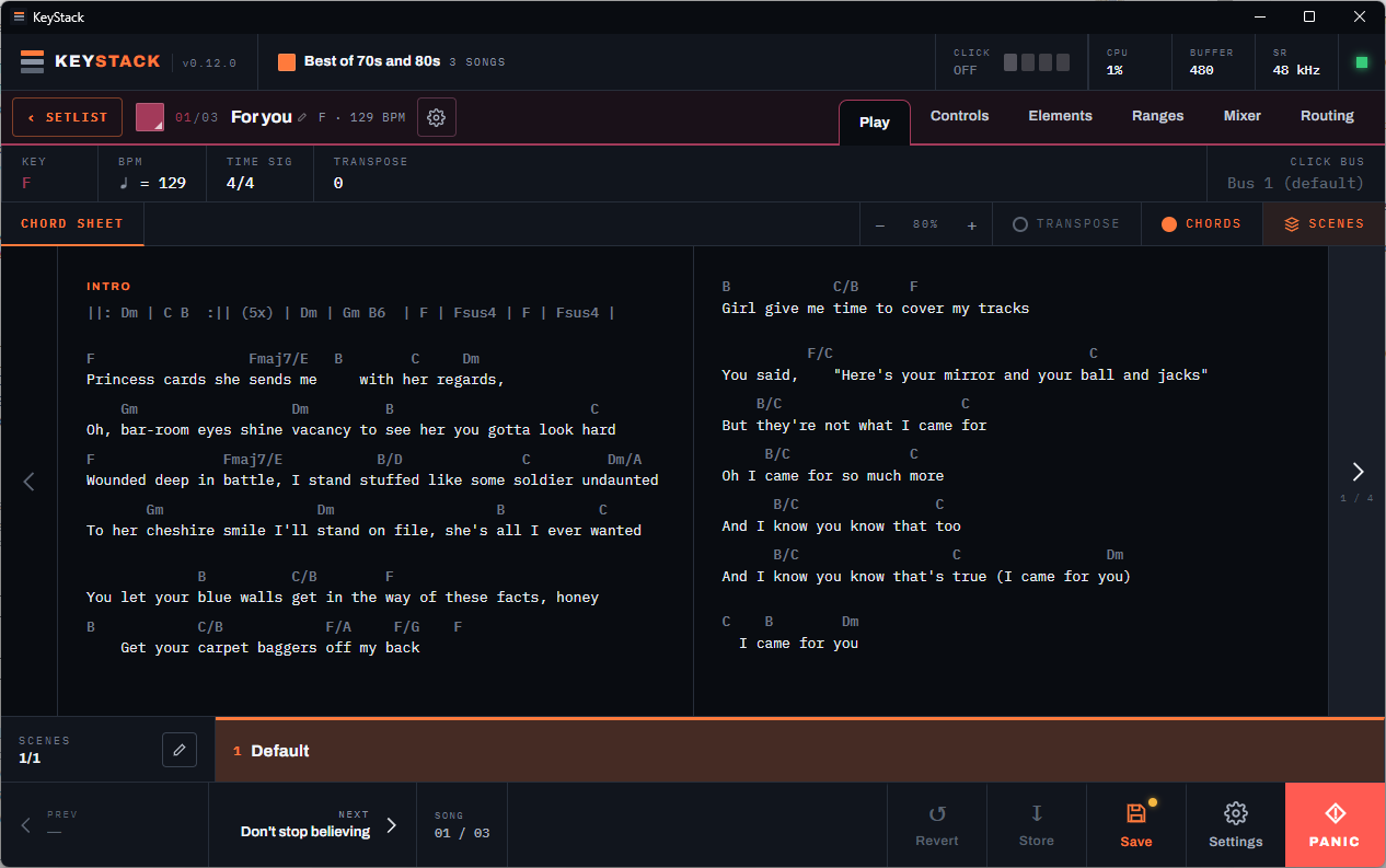 Play page showing a chord sheet with lyrics, chords, key, BPM, and transpose controls