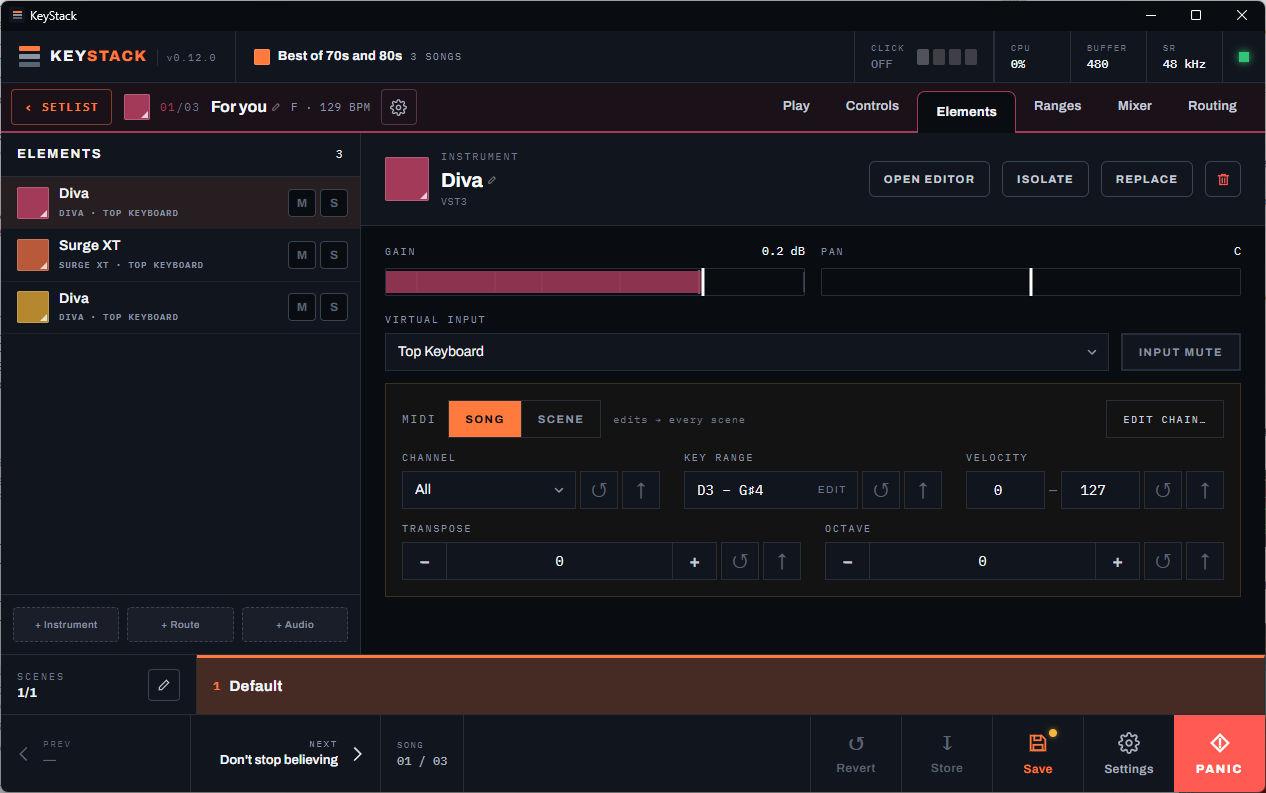 Elements page with an instrument's gain, pan, virtual input, and MIDI chain settings