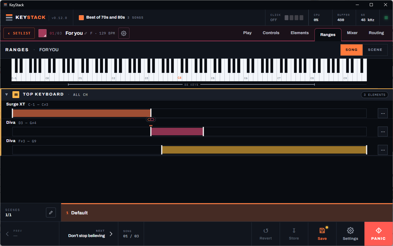 Ranges page showing an 88-key keyboard with three colored element ranges and a linked split point