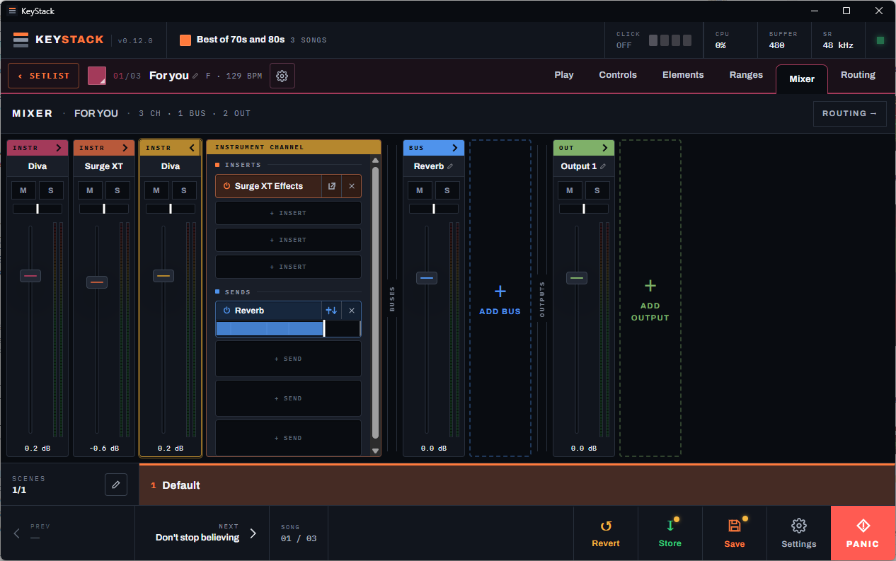 Mixer page with instrument channels, an inserts and sends panel, a reverb bus, and an output