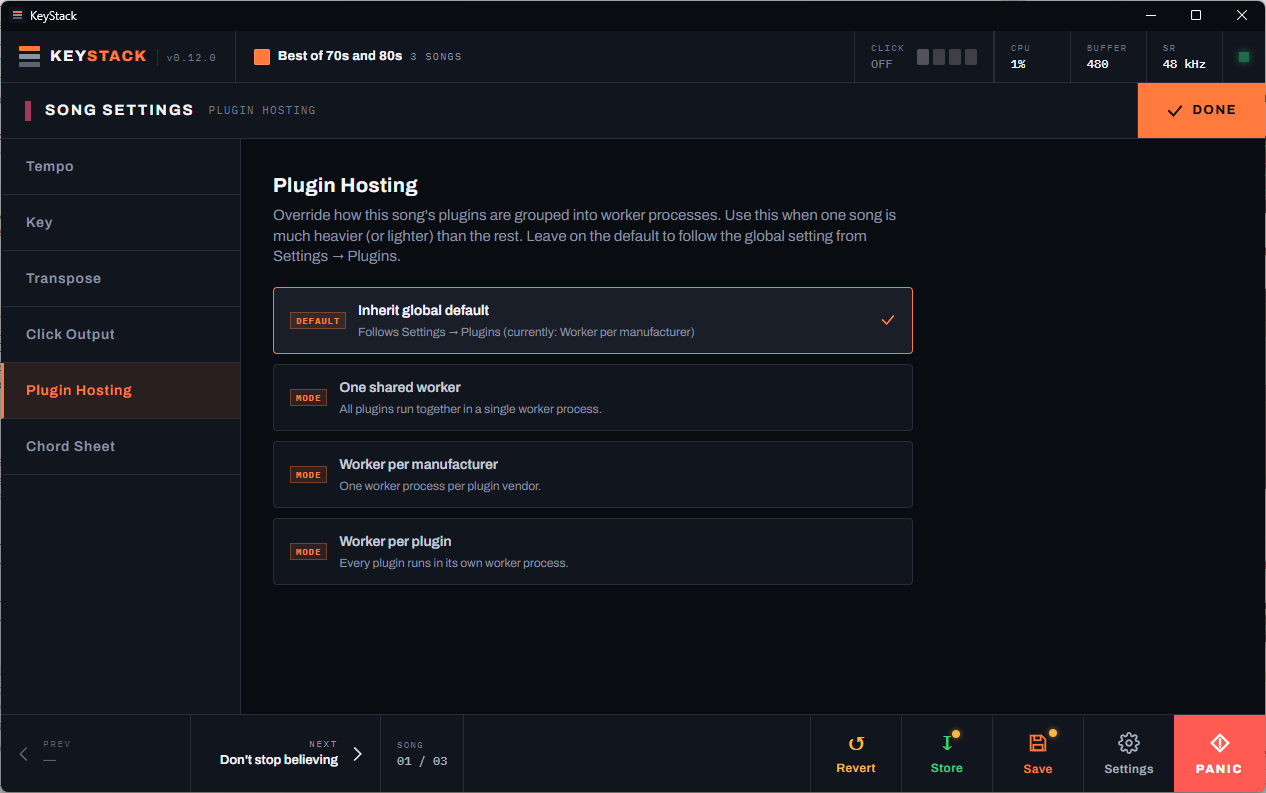 Per-song plugin hosting settings: inherit global default, one shared worker, worker per manufacturer, or worker per plugin