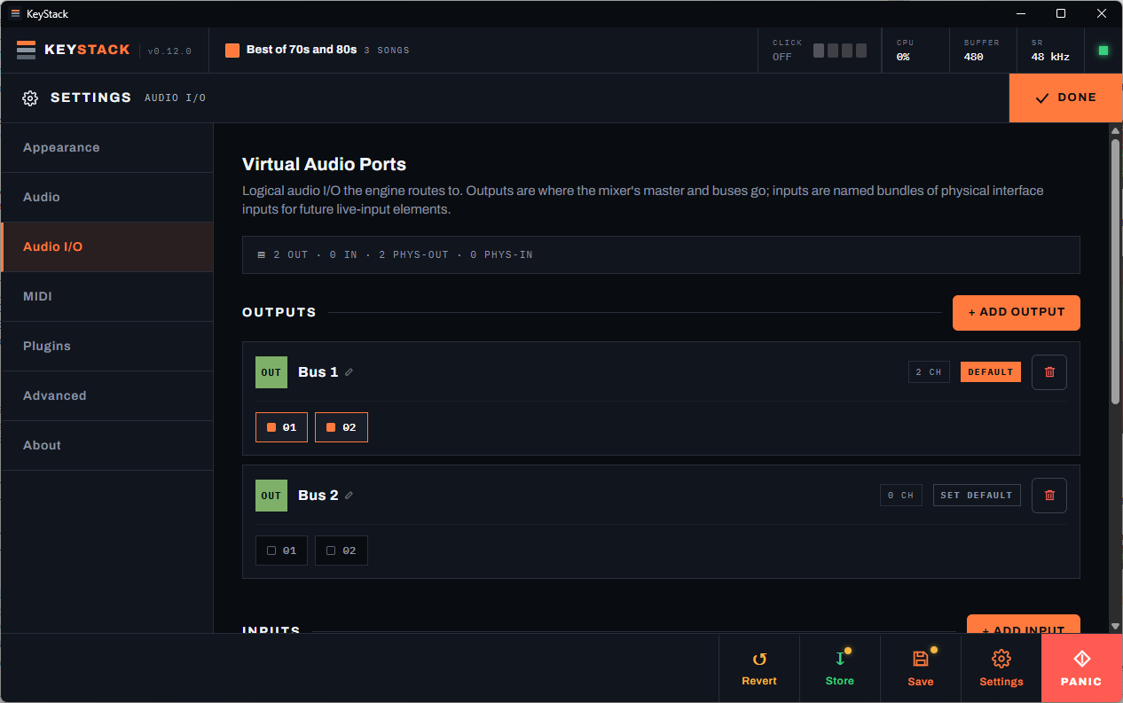 Virtual audio ports settings mapping logical output buses to physical interface channels