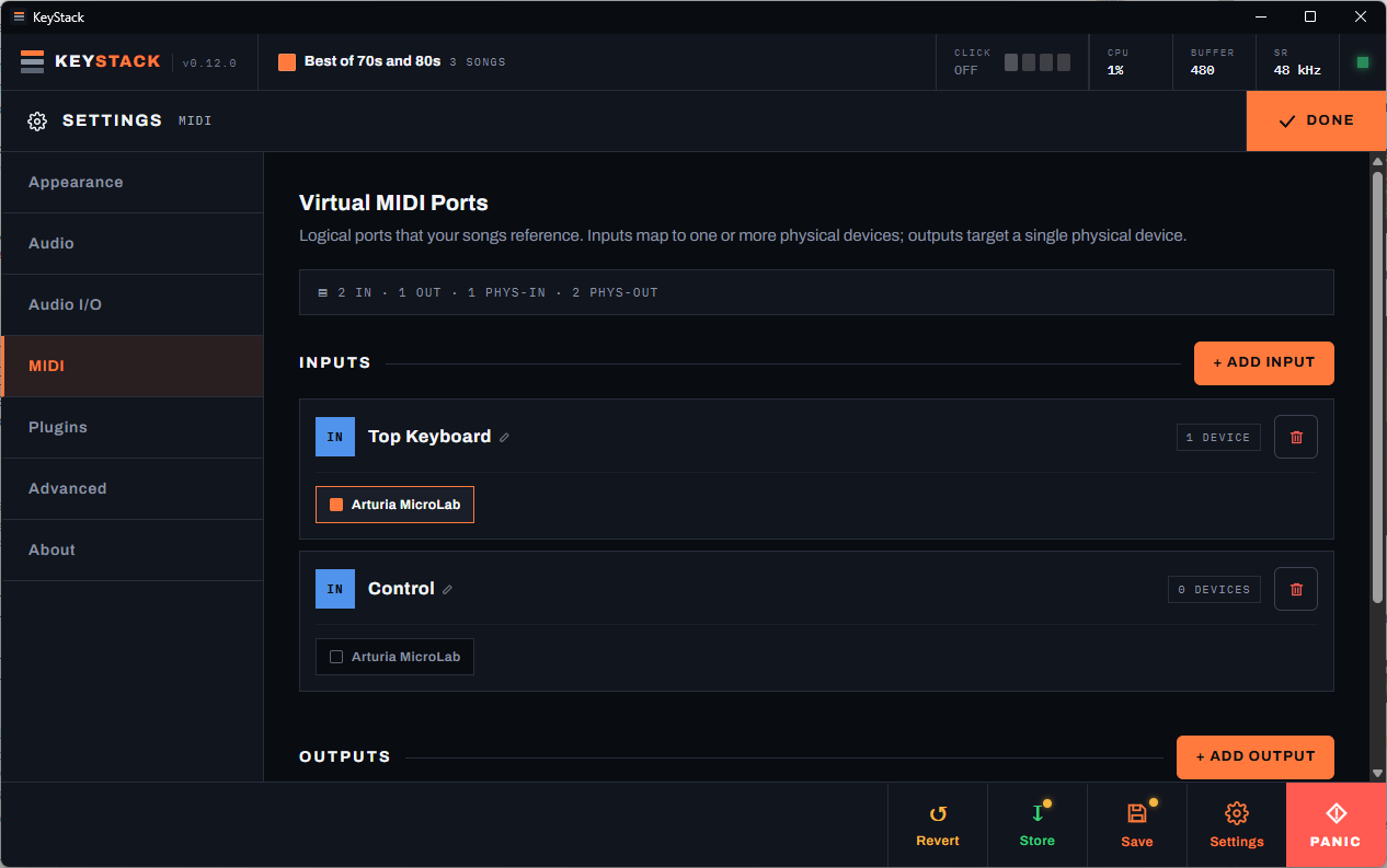Virtual MIDI ports settings mapping named inputs like Top Keyboard to physical MIDI devices